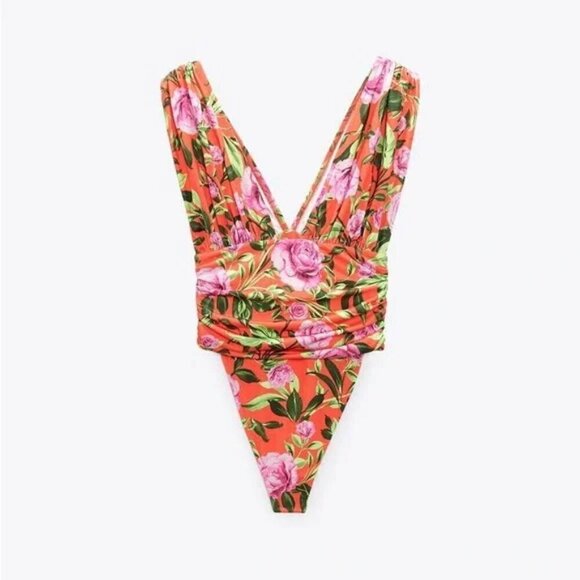 NWT Zara Tropical Floral Draped Thong Bodysuit - Picture 5 of 8